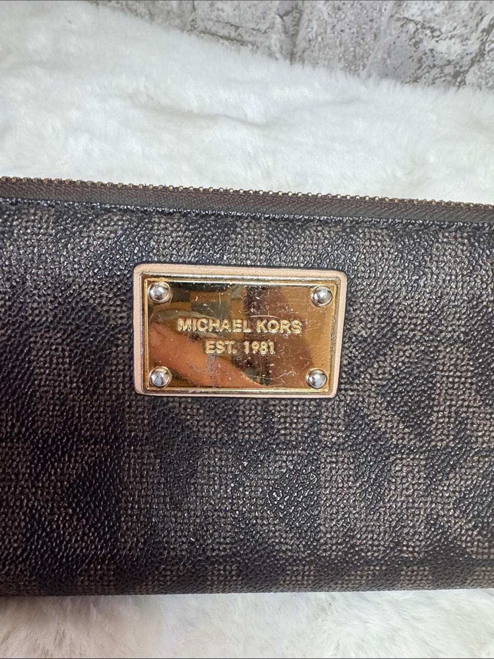 Michael Kors Dark Brown Monogram Zip Wallet with Gold Plaque - Picture 4 of 4